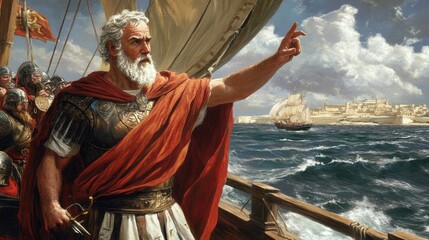 Obraz premium Legendary roman admiral commands fleet on stormy seas