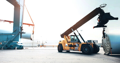 Shipping, container and reach stacker for logistics, transport or lift storage tank. Machine,...