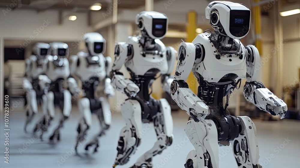 Poster a line of white humanoid robots walking in a factory setting