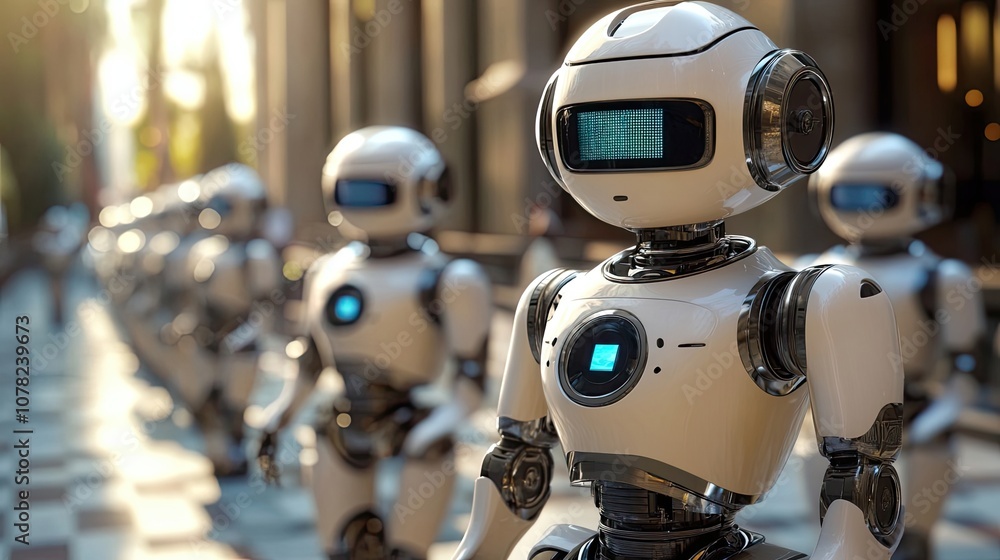 Aufkleber a line of white humanoid robots with digital displays in an urban setting