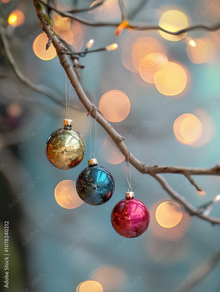 Aufkleber brightly colored christmas ornaments dangle from a bare branch, illuminated by glowing lights that e