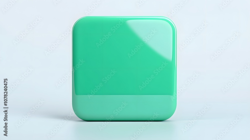 Poster blank mobile application icon, button - green square with round corners. 3d rendering, white backgro