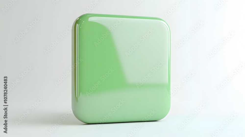 Poster blank mobile application icon, button - green square with round corners. 3d rendering, white backgro