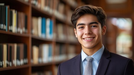 Fototapeta premium Confident Young Man in a Library Setting with Books in Background