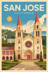 Fototapeta premium Vintage Travel Poster Featuring San Jose, California: Iconic Mission Church, Vibrant Sun, and Lush Gardens, Evoking a Nostalgic Journey to the Golden State.