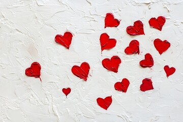 Simple red hearts scattered on a subtle textured white background.
