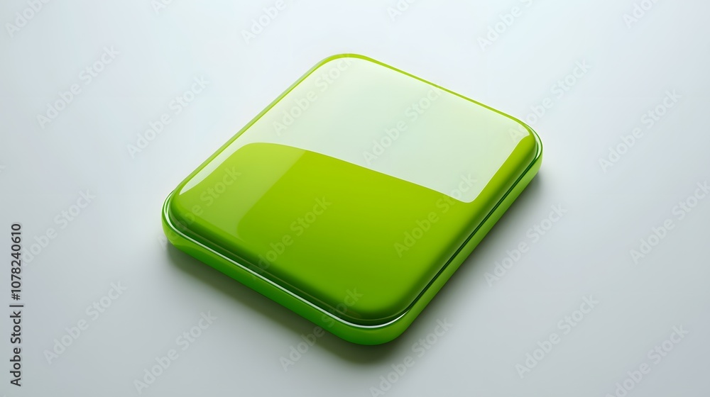 Poster blank mobile application icon, button - green square with round corners. 3d rendering, white backgro