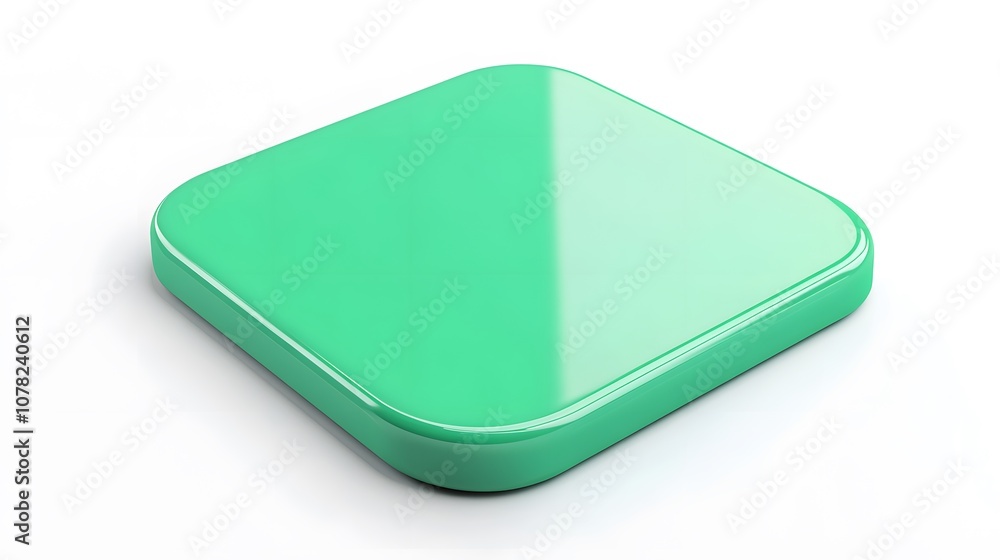 Poster blank mobile application icon, button - green square with round corners. 3d rendering, white backgro
