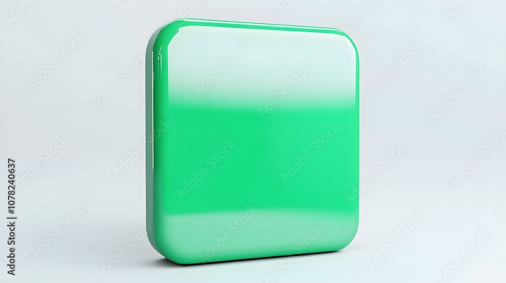 Poster blank mobile application icon, button - green square with round corners. 3d rendering, white backgro