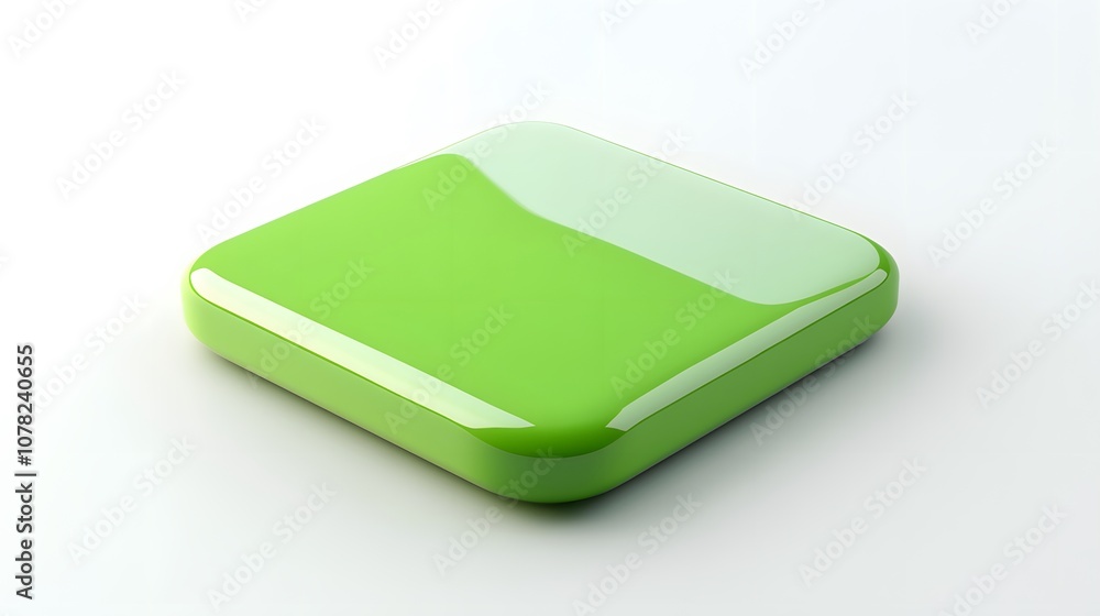 Poster blank mobile application icon, button - green square with round corners. 3d rendering, white backgro