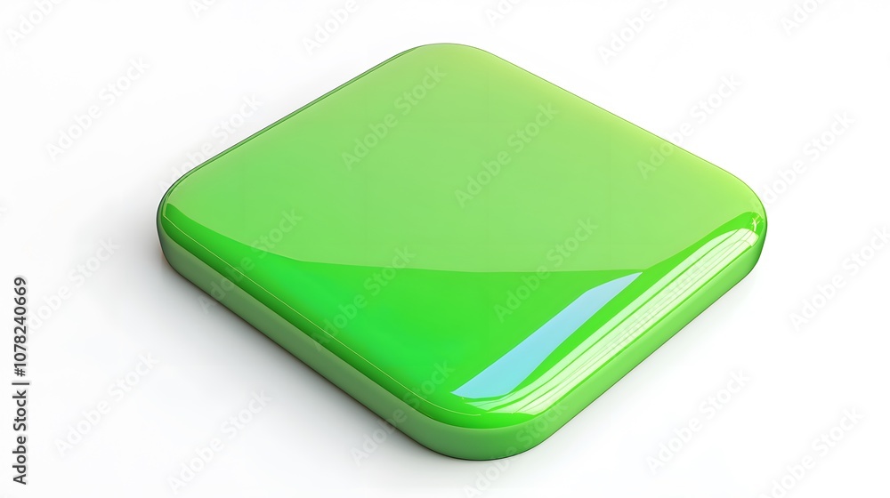 Aufkleber blank mobile application icon, button - green square with round corners. 3d rendering, white backgro