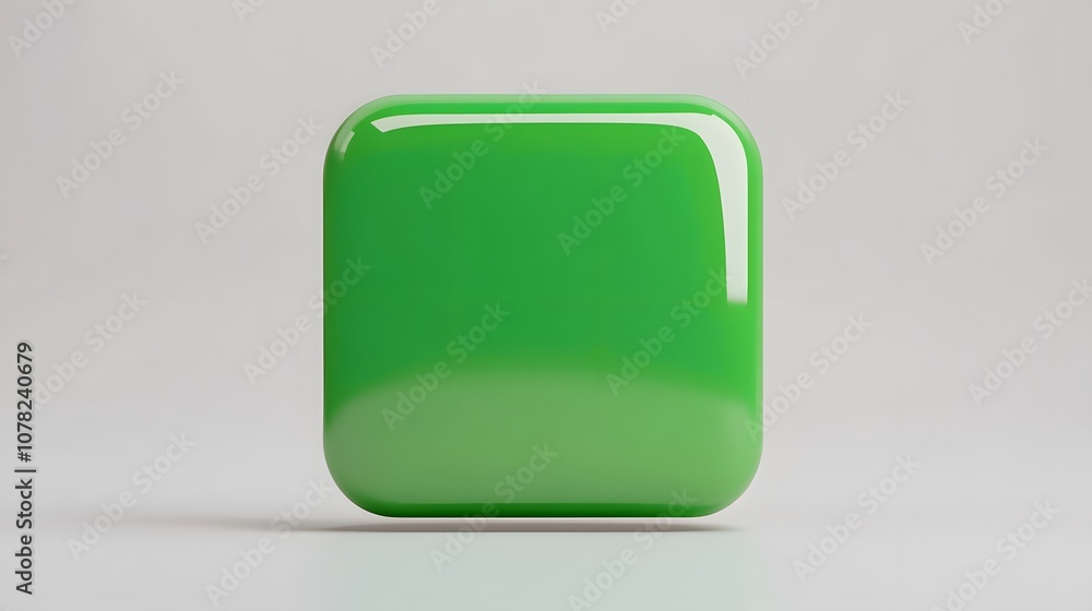 Poster blank mobile application icon, button - green square with round corners. 3d rendering, white backgro