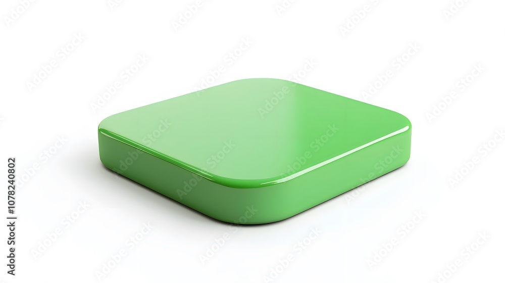 Poster blank mobile application icon, button - green square with round corners. 3d rendering, white backgro