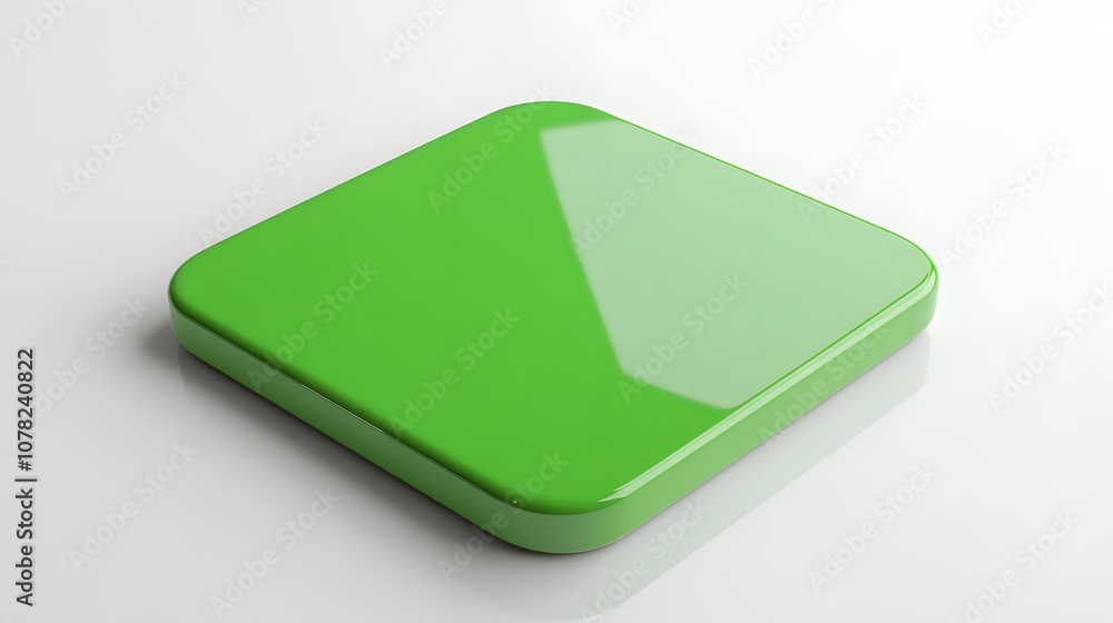 Poster blank mobile application icon, button - green square with round corners. 3d rendering, white backgro