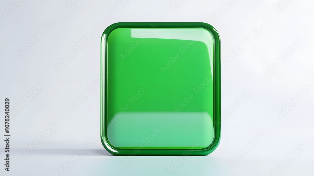 Poster blank mobile application icon, button - green square with round corners. 3d rendering, white backgro
