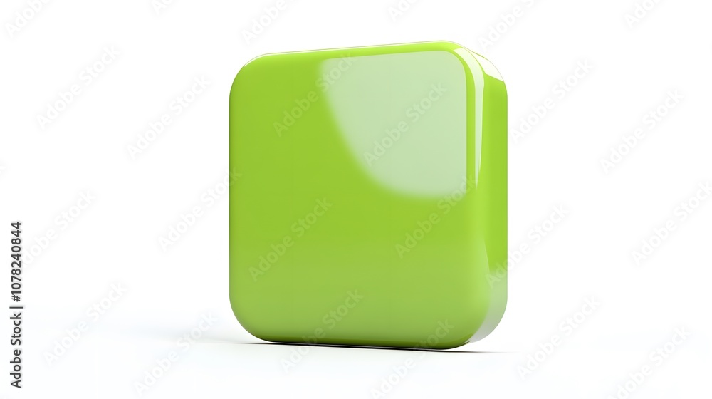 Poster blank mobile application icon, button - green square with round corners. 3d rendering, white backgro