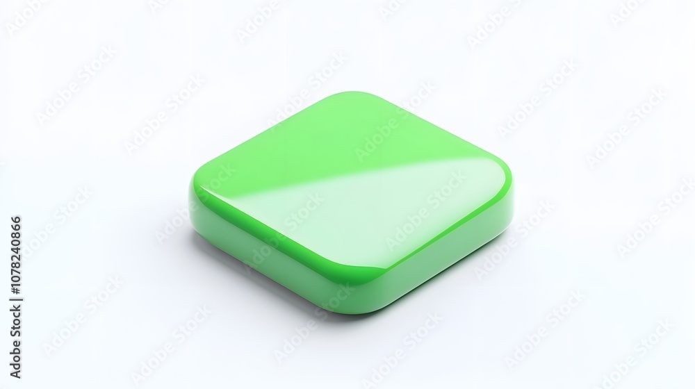 Poster blank mobile application icon, button - green square with round corners. 3d rendering, white backgro