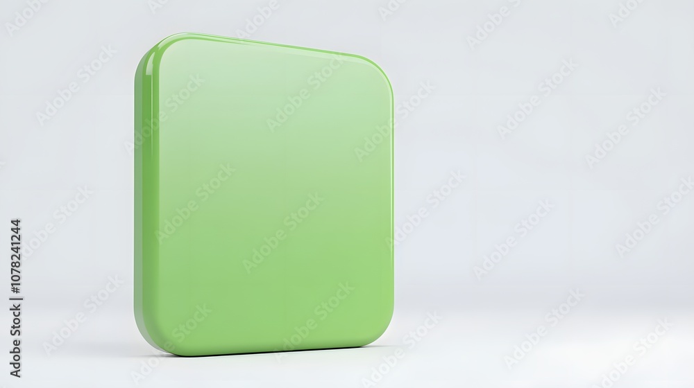 Poster blank mobile application icon, button - green square with round corners. 3d rendering, white backgro