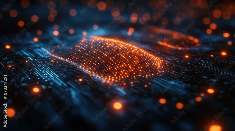 Poster abstract digital fingerprint design with glowing particles.