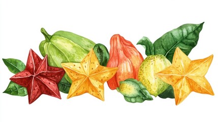 Fototapeta premium Exotic Vegetables and Star Fruit Month Tropical fruit assortment watercolor design for nature and health themes