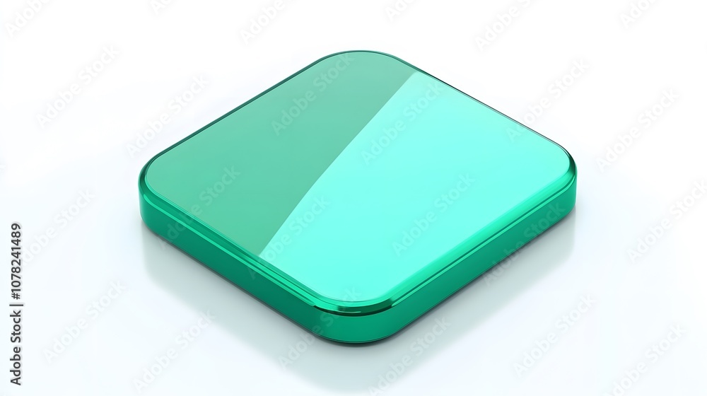 Poster blank mobile application icon, button - green square with round corners. 3d rendering, white backgro