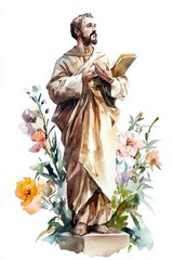 Obraz premium Feast of St. Francis Xavier Watercolor portrait of saint with flowers - religious art for spiritual inspiration