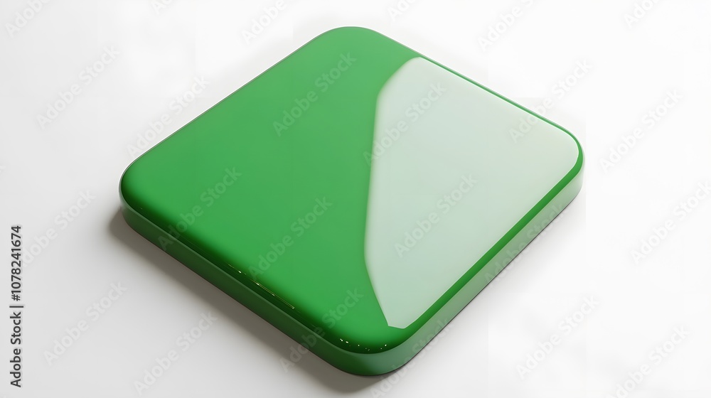 Poster blank mobile application icon, button - green square with round corners. 3d rendering, white backgro