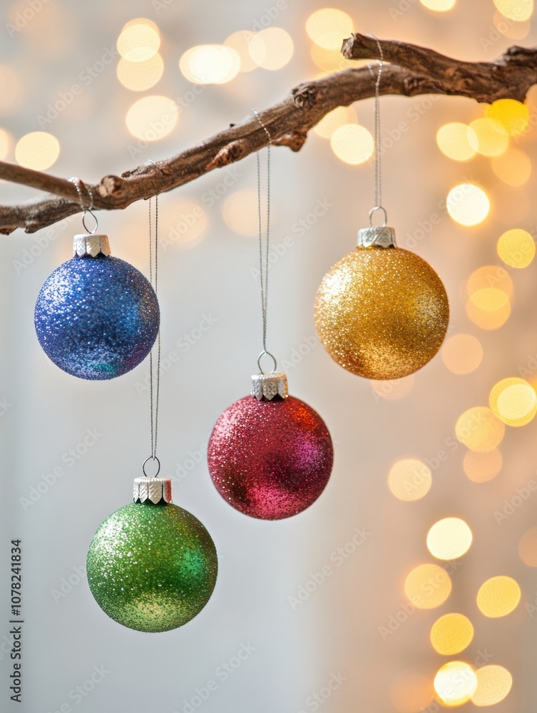 Aufkleber Brightly colored ornaments dangle from a bare branch, illuminated by twinkling lights, creating a cheerful holiday atmosphere. Generative AI
