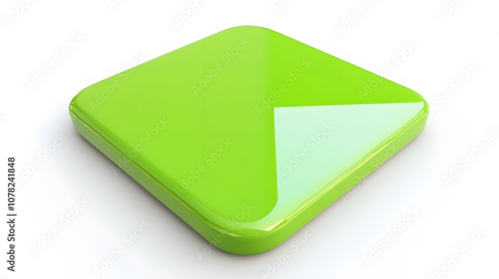 Poster blank mobile application icon, button - green square with round corners. 3d rendering, white backgro