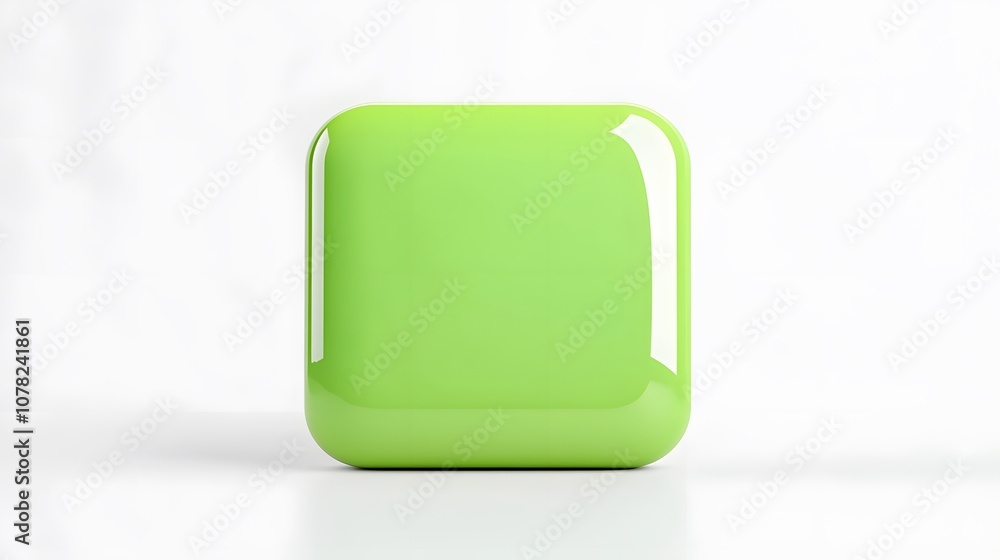 Poster blank mobile application icon, button - green square with round corners. 3d rendering, white backgro