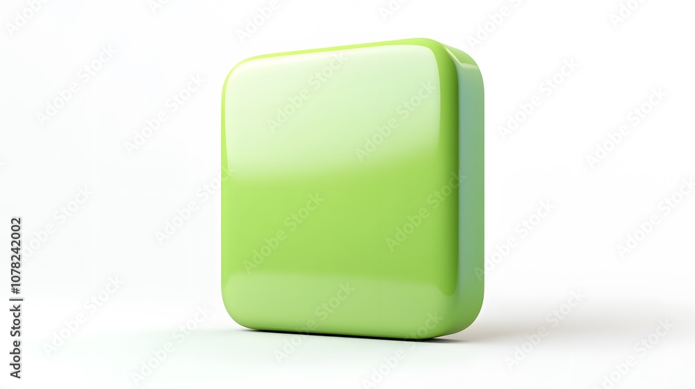 Poster blank mobile application icon, button - green square with round corners. 3d rendering, white backgro
