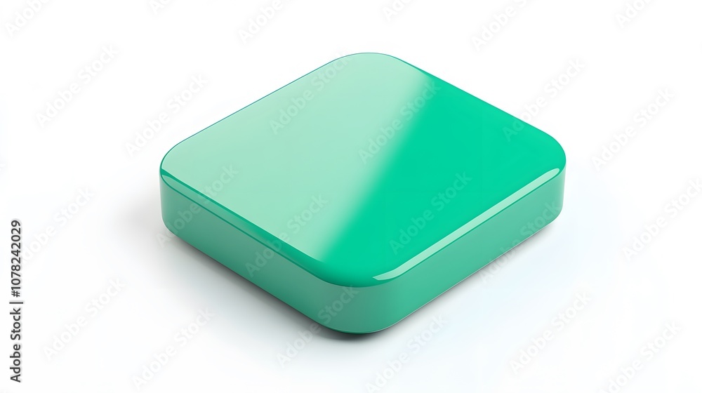 Poster blank mobile application icon, button - green square with round corners. 3d rendering, white backgro