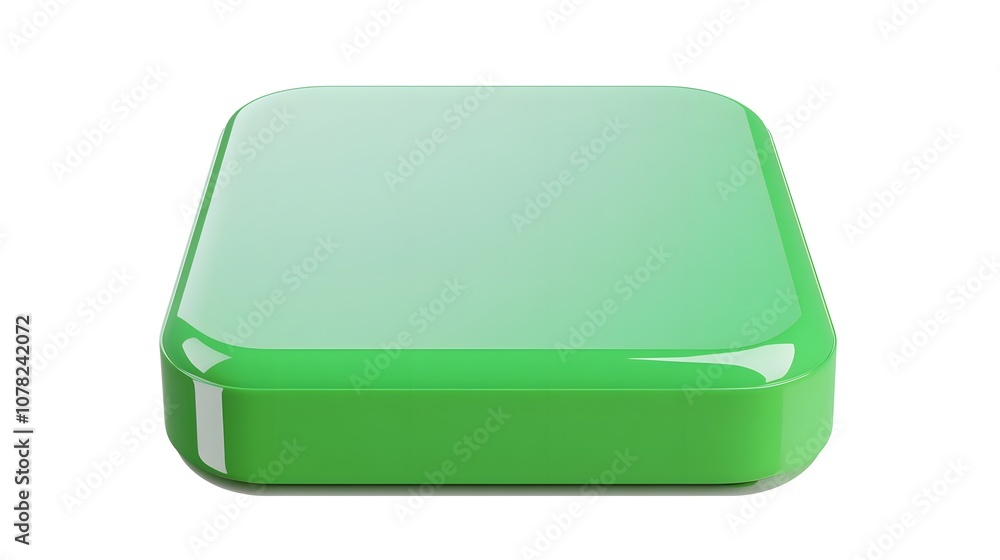 Poster blank mobile application icon, button - green square with round corners. 3d rendering, white backgro