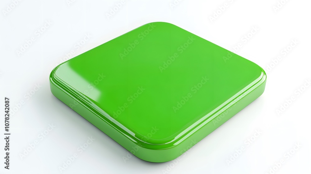 Aufkleber blank mobile application icon, button - green square with round corners. 3d rendering, white backgro