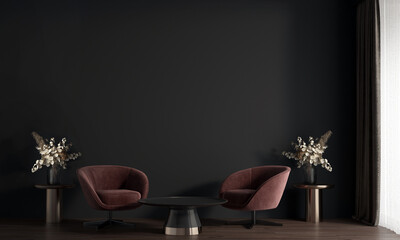 Home and decor and modern cozy living room design and red arm chairs mock up and empty black wall...
