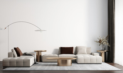 Home and decor and modern cozy living room design and white sofa mock up room and white wall background. 3d rendering.