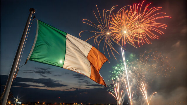 Irish flag waving with colorful fireworks in the night sky for St. Patrick's Day celebration

