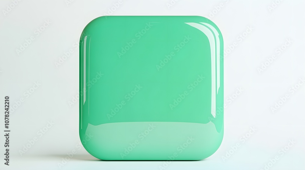 Poster blank mobile application icon, button - green square with round corners. 3d rendering, white backgro