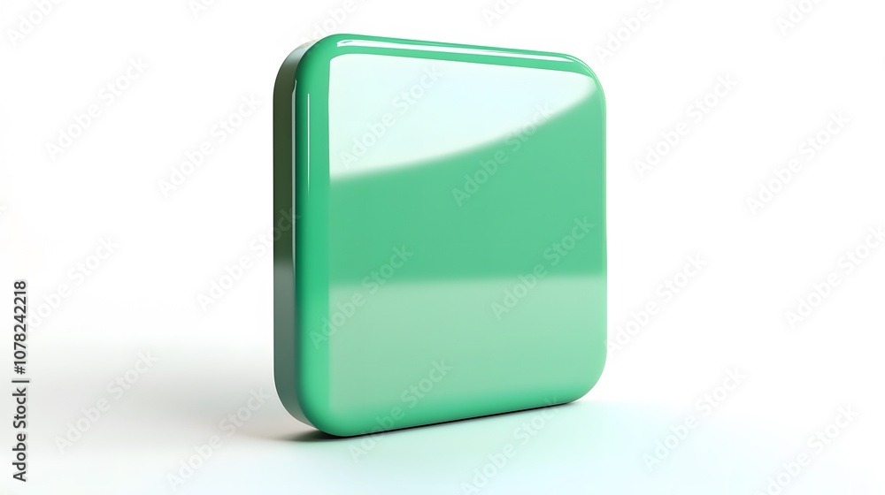 Poster blank mobile application icon, button - green square with round corners. 3d rendering, white backgro