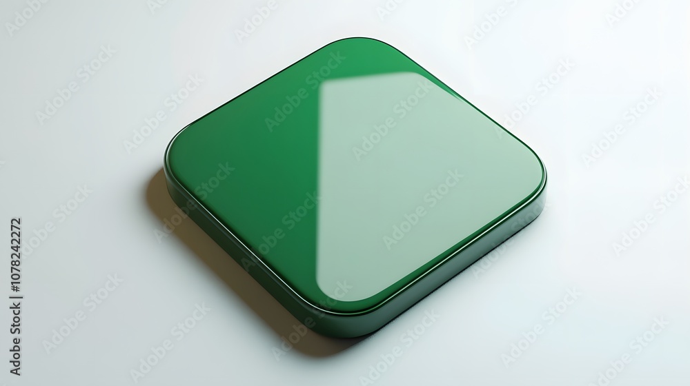 Poster blank mobile application icon, button - green square with round corners. 3d rendering, white backgro