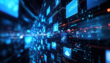Futuristic digital data flow with blue screens and vibrant lights, representing advanced technology and information processing.