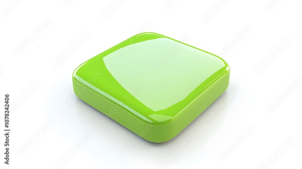 Poster blank mobile application icon, button - green square with round corners. 3d rendering, white backgro