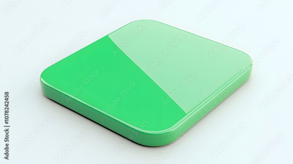 Poster blank mobile application icon, button - green square with round corners. 3d rendering, white backgro