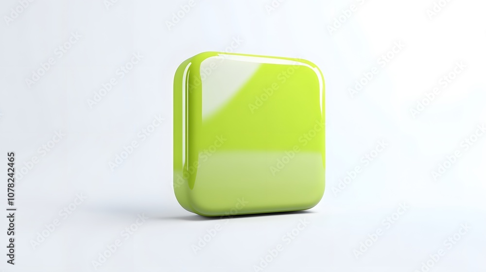 Poster blank mobile application icon, button - green square with round corners. 3d rendering, white backgro