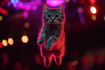 A playful kitten leaps through the air, illuminated by colorful lights in a dark environment.