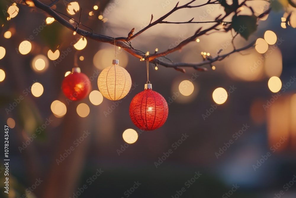 Poster Colorful ornaments dangle from branches, illuminated by twinkling lights in the warm glow of the holiday evening. Generative AI
