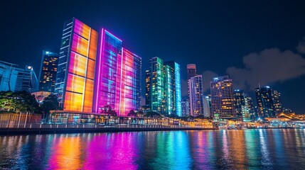 Obraz premium A vibrant cityscape with colorful skyscrapers reflecting in the water at night.