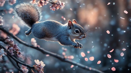 Fototapeta premium A playful squirrel leaps between branches of a blooming cherry tree with pink petals falling around it.