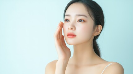 Beauty portraits of beautiful young Asian woman caring her face with cream. Skin care concept
