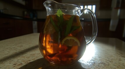 Glass Pitcher Filled with Iced Tea, Lemon, and Mint